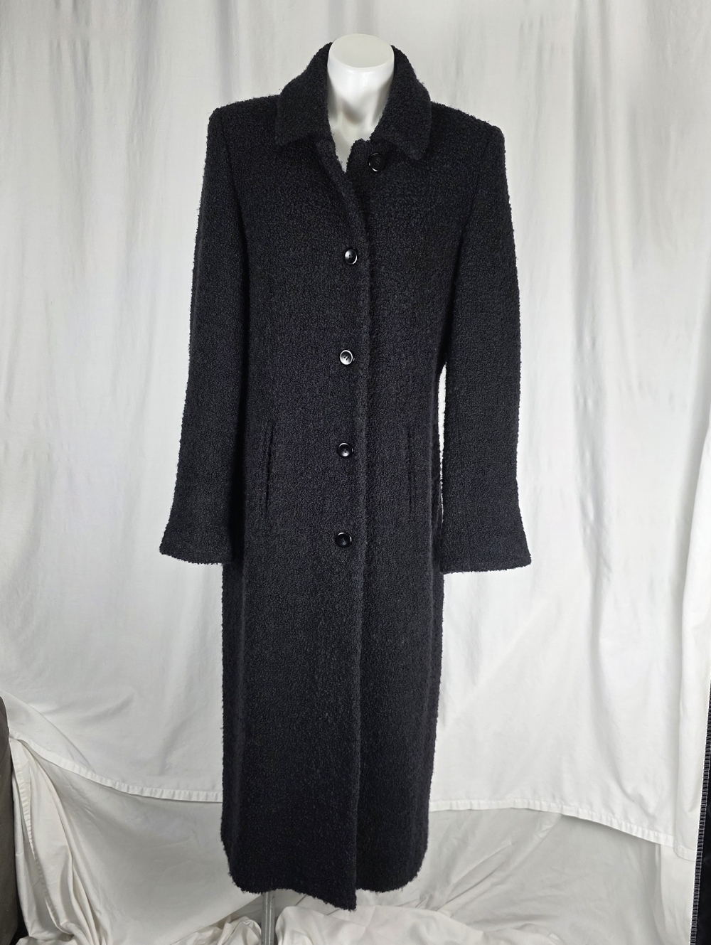 🖤 Vintage Maxi Boucle Wool Trench Coat | Size 10 | Classic Black | 🖤